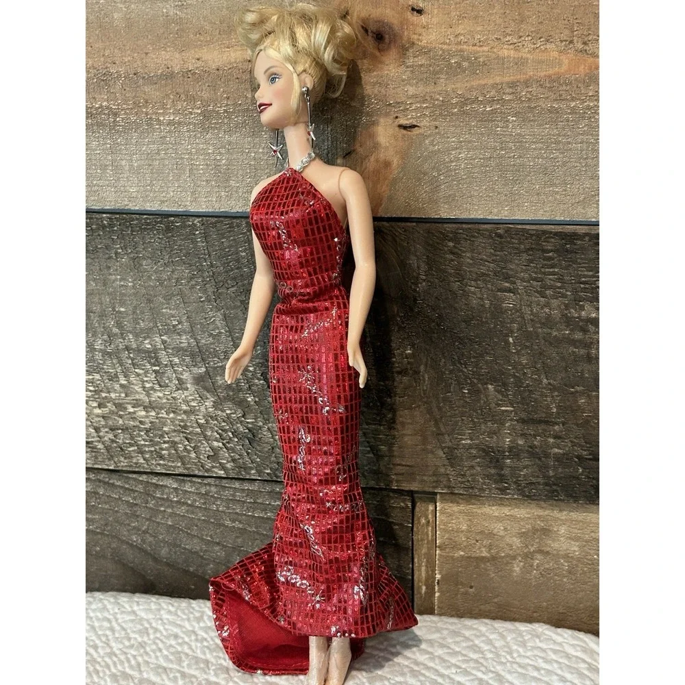 Holiday Celebration Barbie Doll Red Gown Metallic Star Dress Blonde Updo Vintage